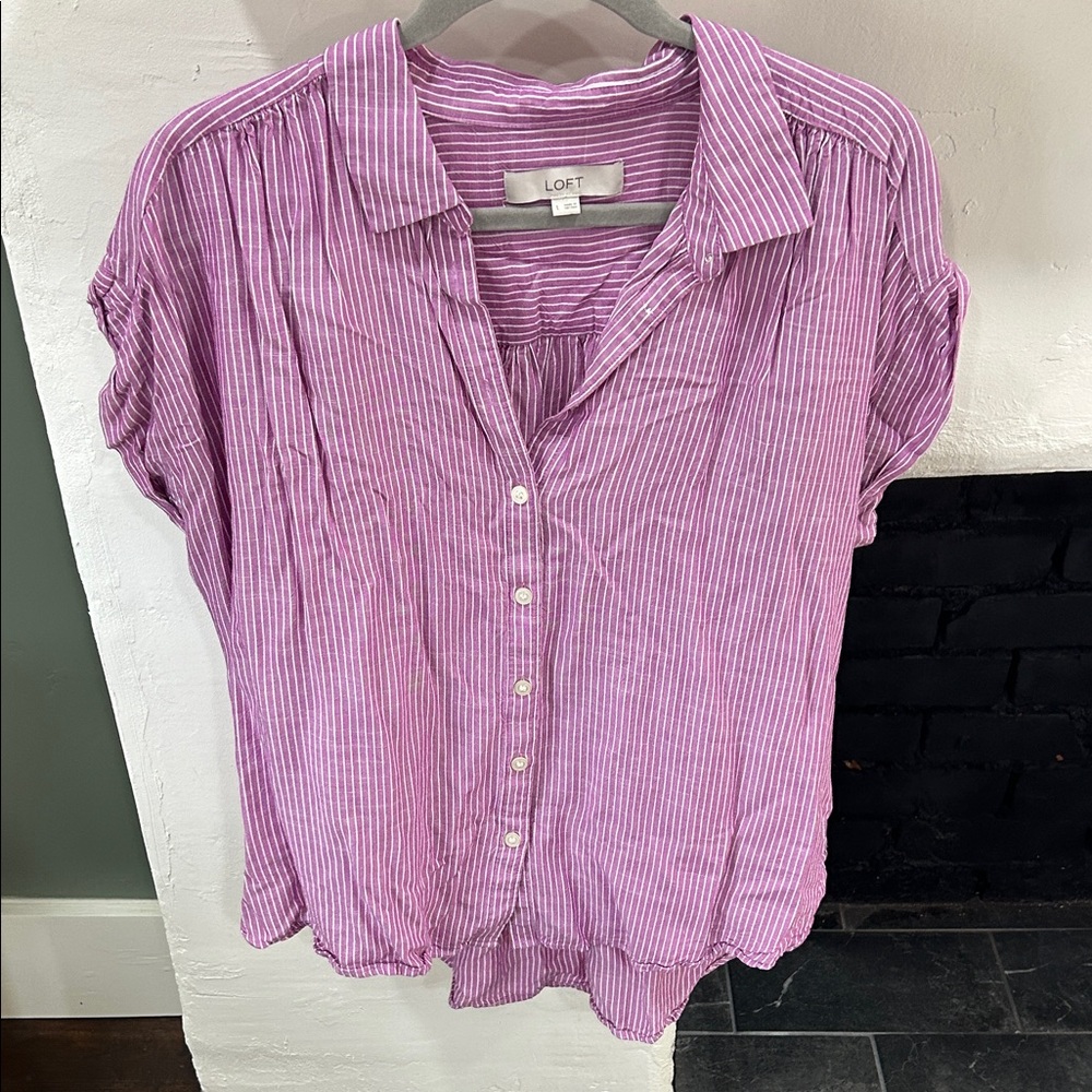 LOFT Women's Purple Striped Button Down Shirt